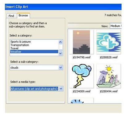 Microsoft Works Beginner - inserting pictures and clipart - clipart box