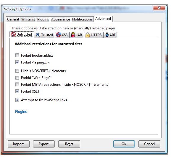 Advanced Options in NoScript