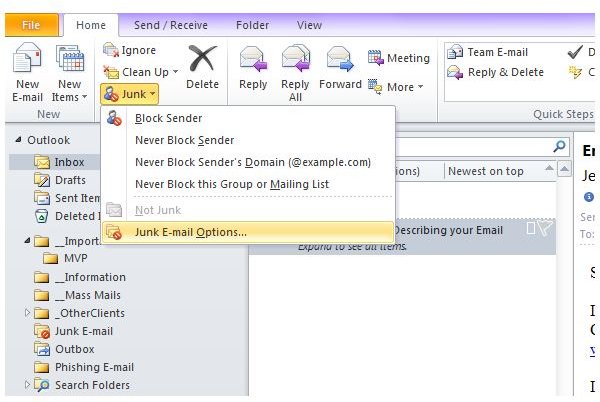 Fig 2 - Spam Blocking in Microsoft Outlook 2010 - Invoking the Junk Filter