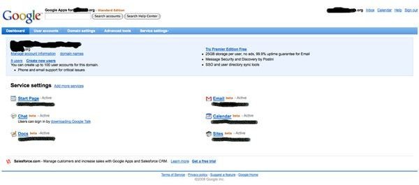 The main dashboard of the Google Apps control panel.