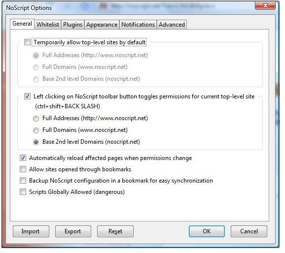 NoScript&rsquo;s General Options