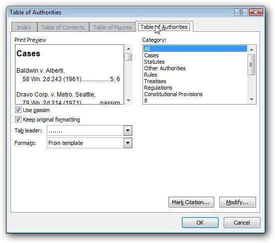 Table of Authorities Options