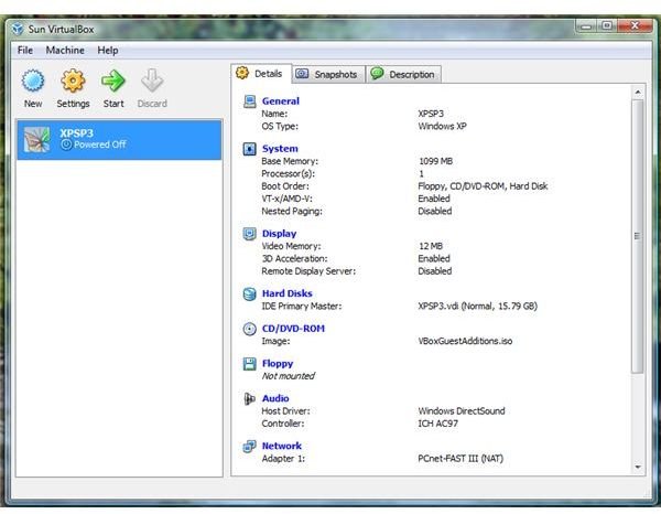 UI of VirtualBox