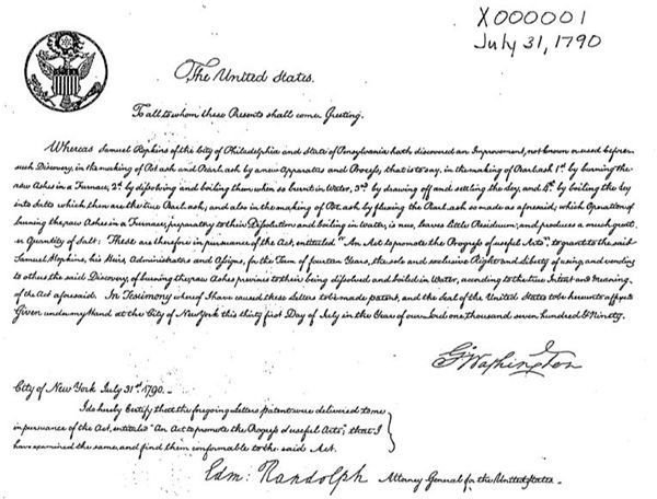 First US Patent - Image from Wikipedia Commons in Public Domain