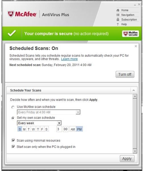 Options for McAfee Scheduled Scans