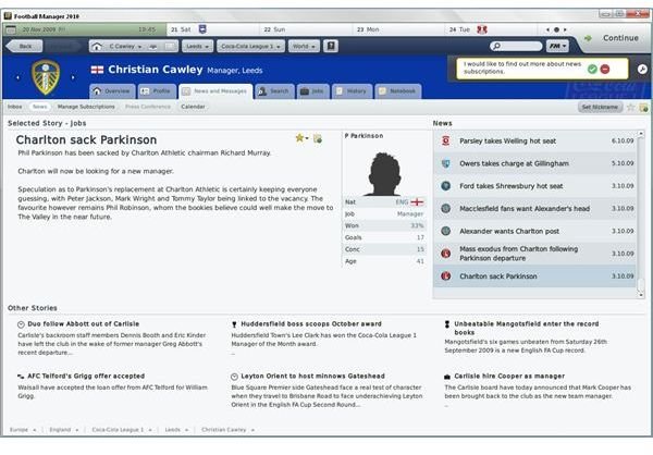 Look out for news about management job openings in Football Manager 2010