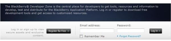 Blackberry Developer Zone Sign up Login page