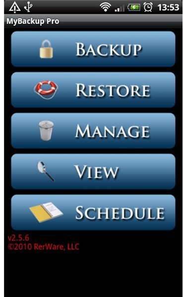 MyBackup Pro Home Screen