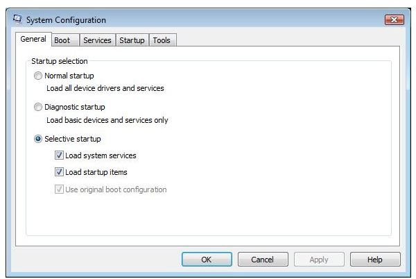 Choose Selective Startup on the General tab