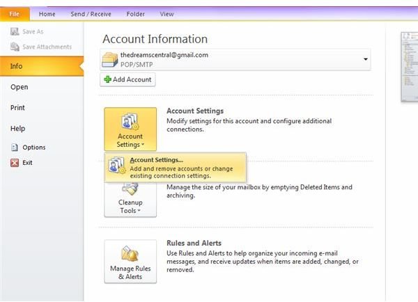 Fig 3 - Backup Outlook Email Accounts - Account Settings Option