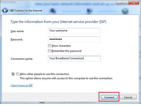 Setting up a Broadband Connection under Windows 7