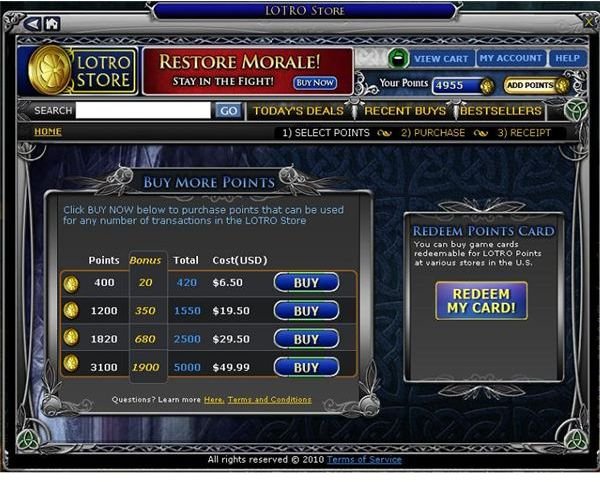 bonus points in the lotro store