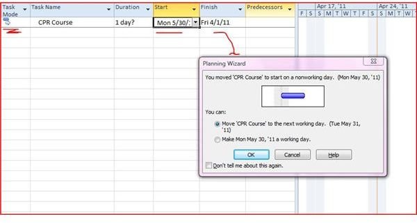 Calendar warning of non-working day