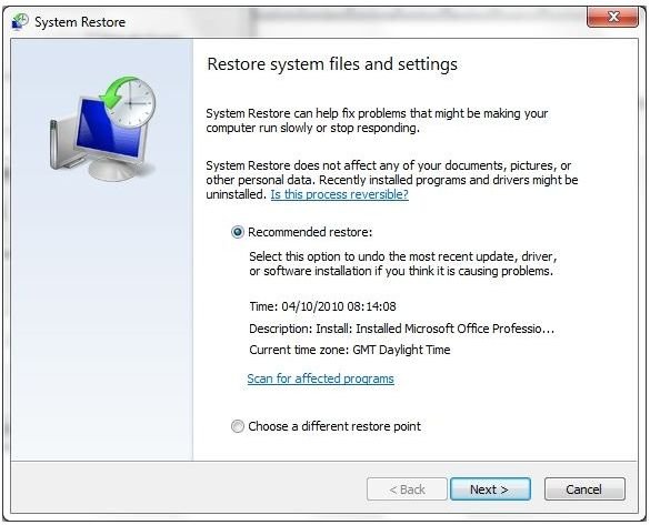 Find a System Restore point