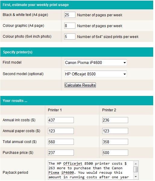 screenshot moderate usage printer costs calculator consumer.org.nz Canon Pixma iP4600 vs HP Officejet 8500