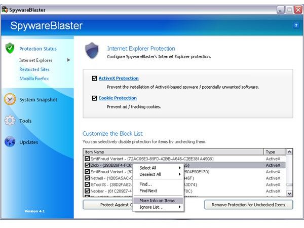 Protection Status of SpywareBlaster