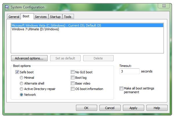 Safe Mode with Networking Boot option for Vista and Windows 7