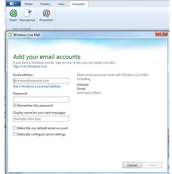 Windows Live Mail Install: Add email accounts