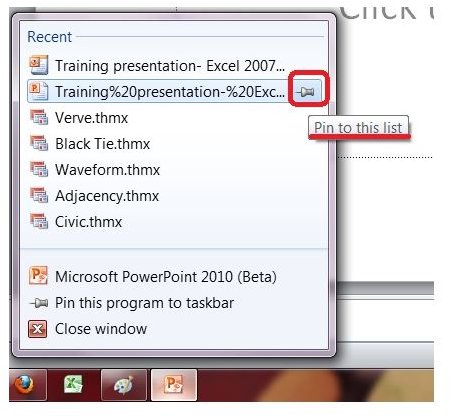 Office 2010 Jump Lists: Pin files