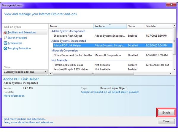 Fig 2 - Missing Toolbar in Internet Explorer 9 - Manage Add-ons Dialog