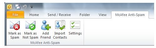 McAfee Anti-Spam tab in Outlook 2010