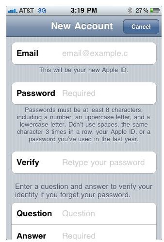 Apple ID New Account Menu