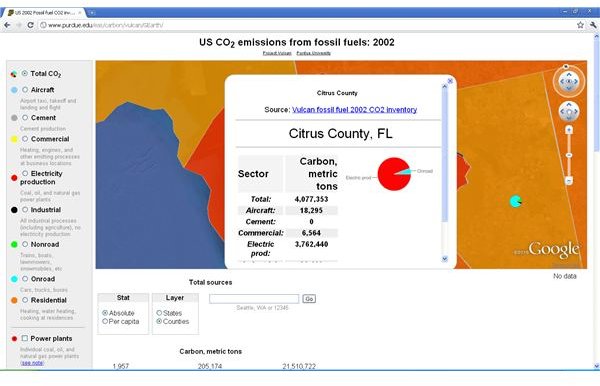 Citrus County Carbon Production - Obvious by the fact there&rsquo;s a nucler power plant in a rather remote area of the state. Image Source: Vulcan Google Application