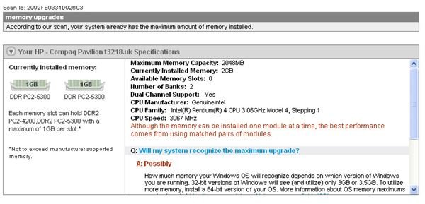 Results from a computer memory scan by Crucial.com