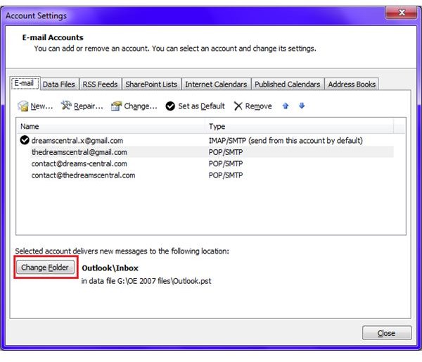 Fig 3 - Setting up More than One Account on Microsoft Outlook - Change Folder Button