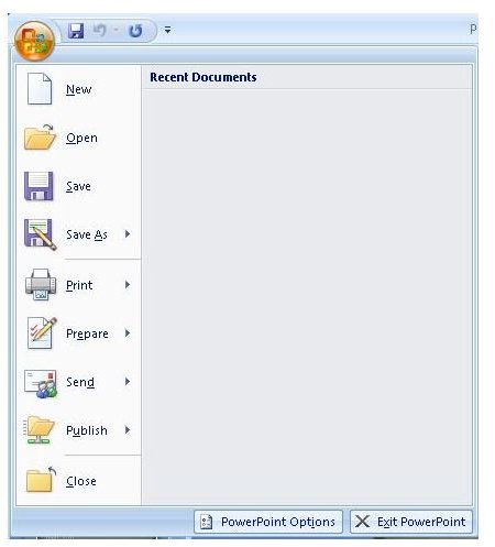Microsoft Office button menu in PowerPoint