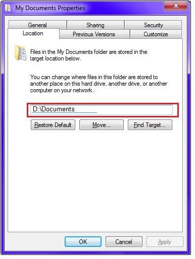 Fig 2 - Moving My Documents to Another Partition in Windows 7