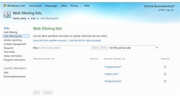 Web Filtering List - Windows Live Family Safety