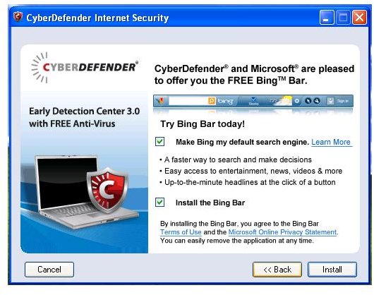 Bing Toolbar is bundled in CyberDefender Internet Security installer