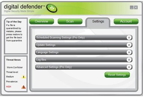 Digital Defender Settings Interface