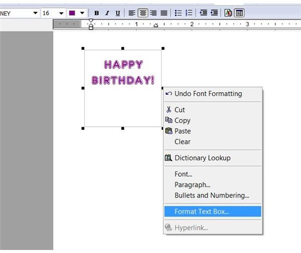 Greeting Cards in Microsoft Works: Format Text Box