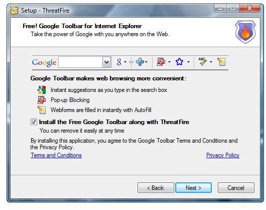 Google Toolbar is bundled in ThreatFire Installer