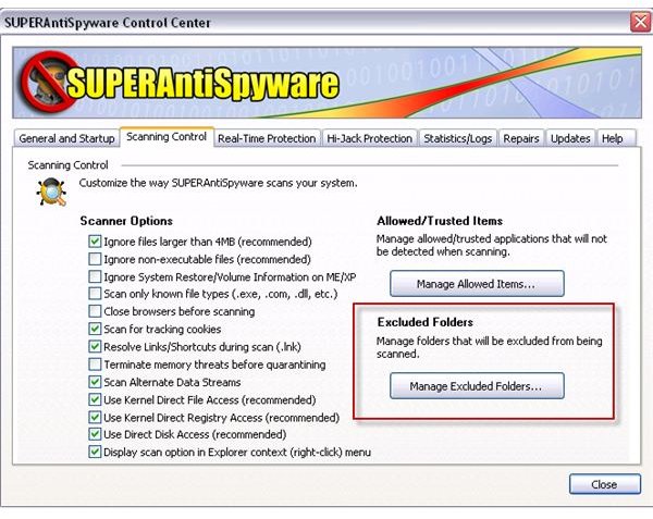 SUPERAntiSpyware Excluded Folder Options