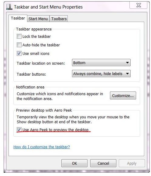 Windows 7 Aero Peek Not Working