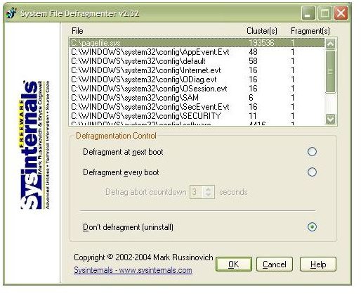 Fig 3 - Page Defrag Interface - You Never Know When Your PageFile was Defragmented