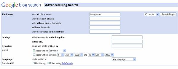 Advanced Google Blog Search
