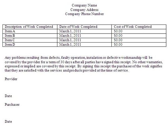 Free Printable Receipt or Form for Work Completed