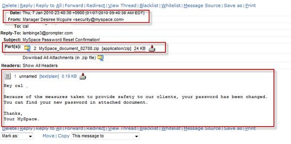 Malware Spam: Phishing MySpace E-mail