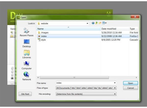 A screen shot showing available files to open in Adobe Dreamweaver