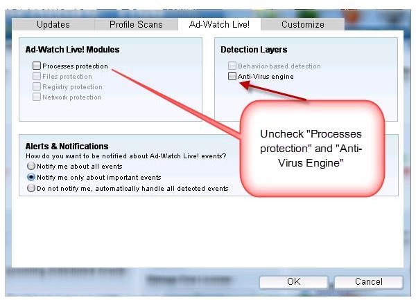 Disabling Ad-Watch Live and Virus Engine in Ad-Aware Free