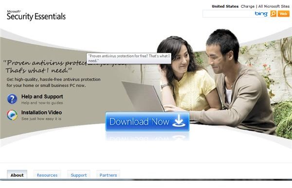 Microsoft Security Essentials home page screenshot
