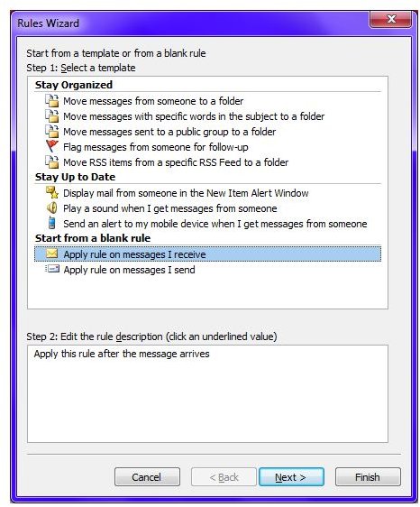 Fig 3 - Create an Outlook Rule to Forward Emails - Rules Wizard Step 1