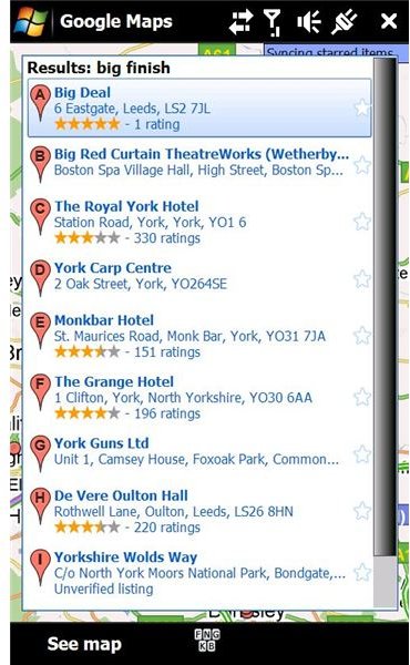 Google Maps Windows Mobile search results