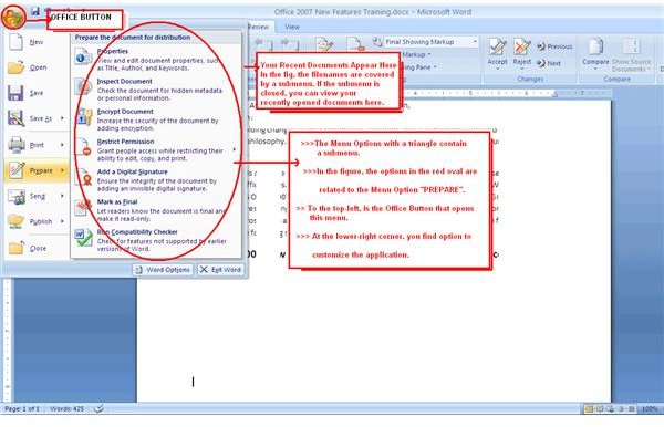 Fig 2 MS OFFICE Button and Related Menu