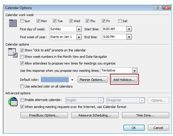 Option to Add Holidays to Outlook Calendar