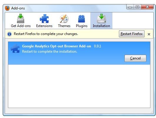 Restart Needed after installation of GA Browser Opt-out add-on